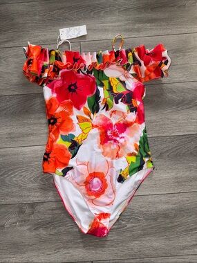 NWT Odasdo Womens Floral Ruffle One-Piece Swimsuit - Pink & Orange